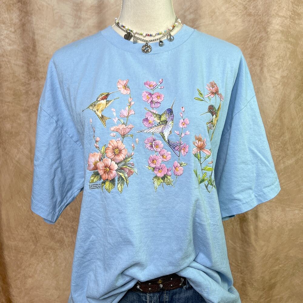 Hummingbird Garden T-Shirt Blue Floral Bird Short Sleeve Vintage Y2K Cottagecore